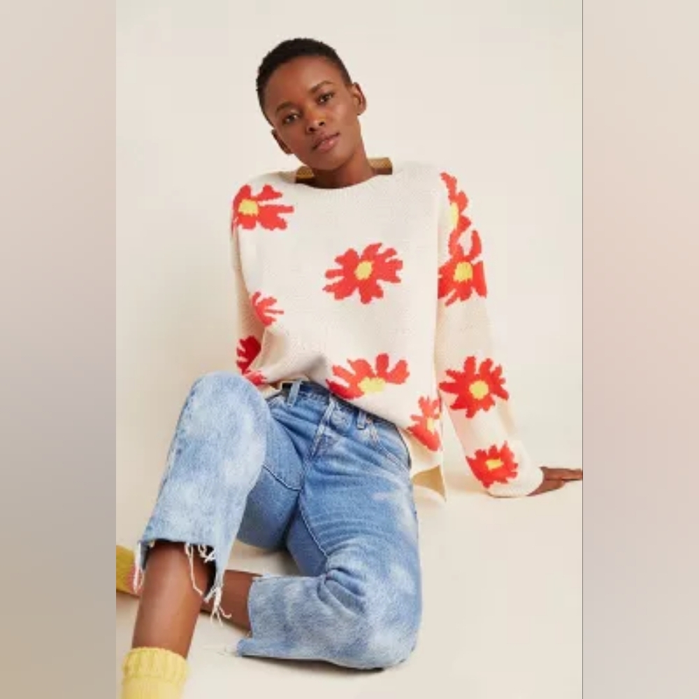 Anthropologie Cream Sweater with Red-Orange Floral Print